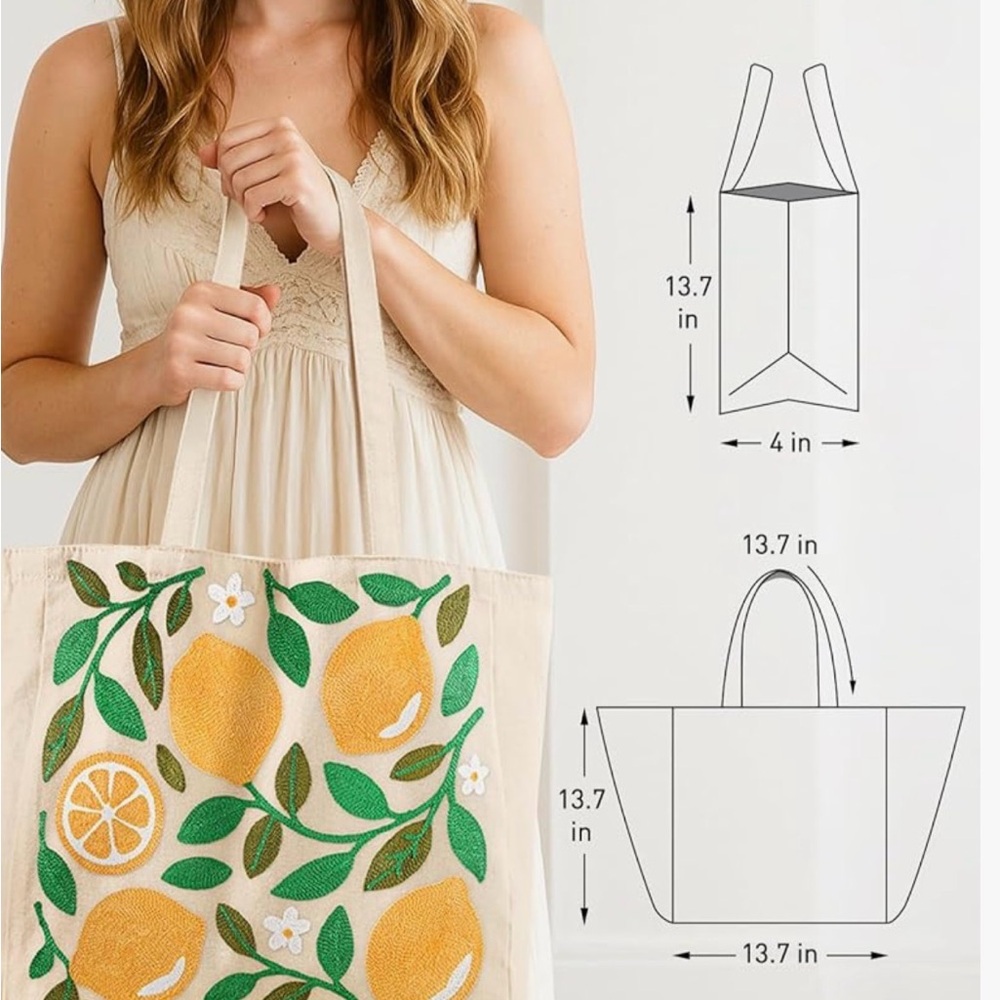 NEW Embroidered Lemon Canvas Tote Bag - Picture 2 of 4